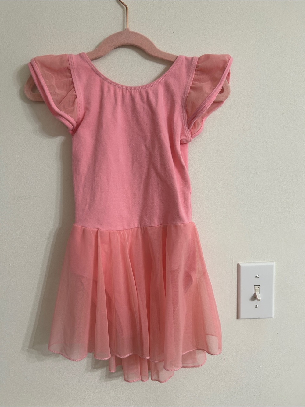 Pink Tulle Sleeve Girls' Ballet Uniform. Short flutter sleeve. Criss Cross back.